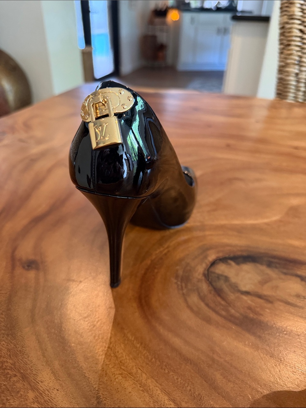 Louis Vuitton Black Patent Leather Stiletto Pump with Gold Lock Accent